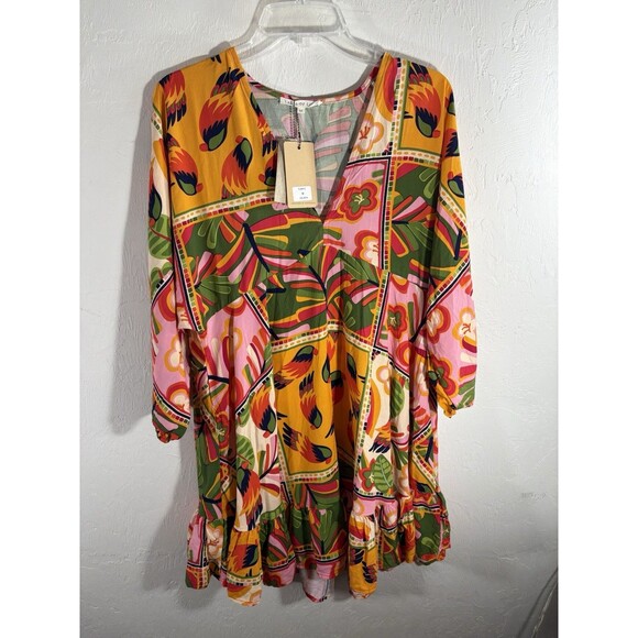 Label of Love NWT Orange Green  Tropical Medium Woman dress Anthropologie Summer - Picture 1 of 11